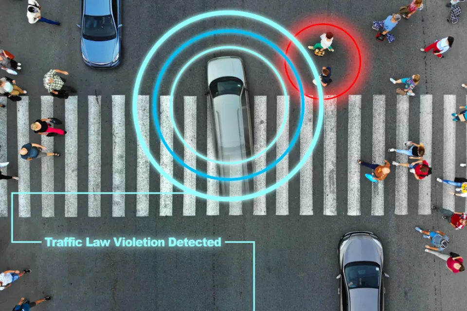 Aerial view of crosswalk with digital 'smart' crosswalk concept